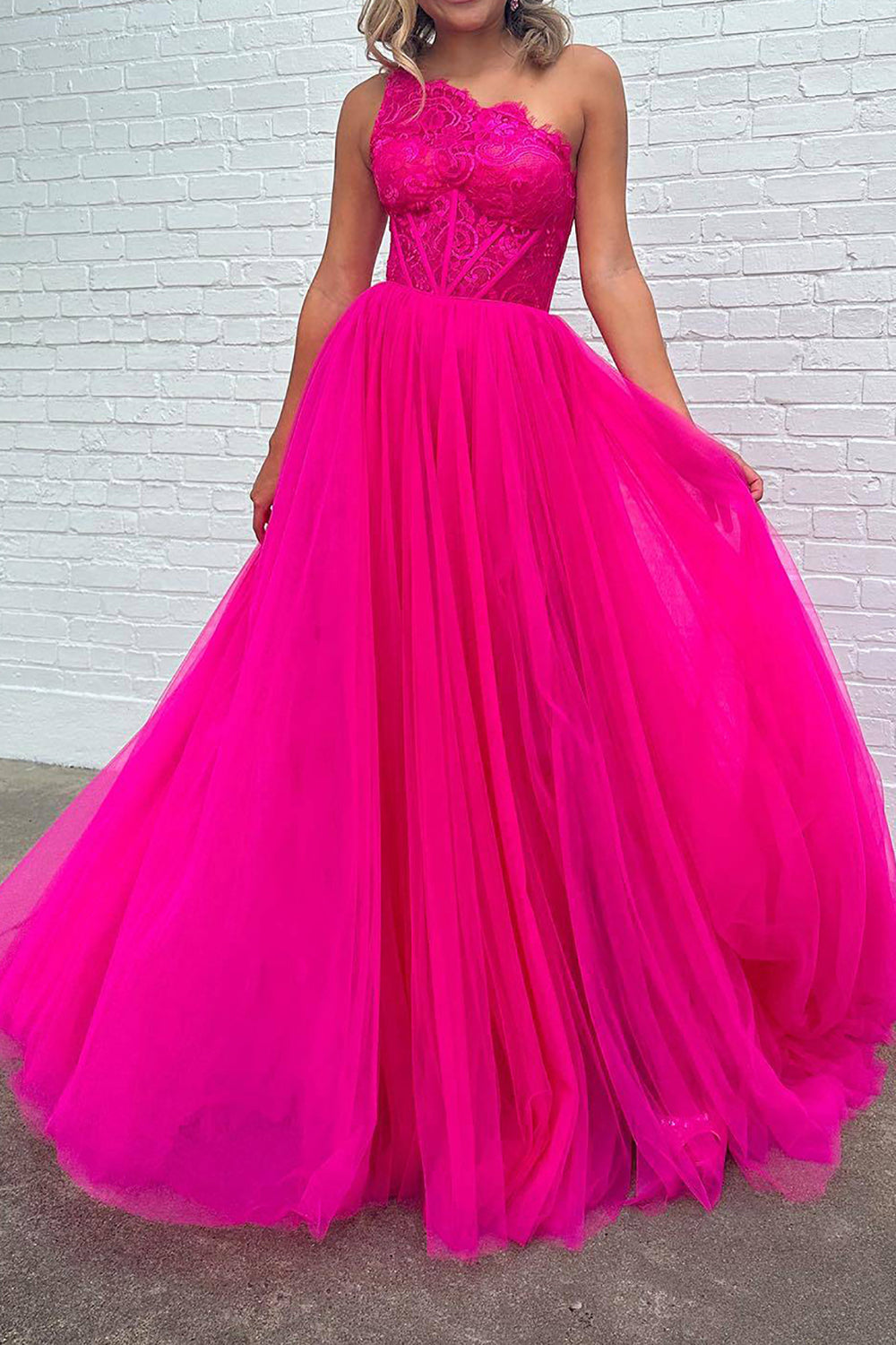 Fuchsia One-Shoulder A-Line Prom Corset Dress with Front Split