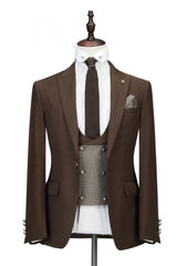 Elegant Brown Slim Fit Three-Piece Peaked Lapel Wedding Suit for Men