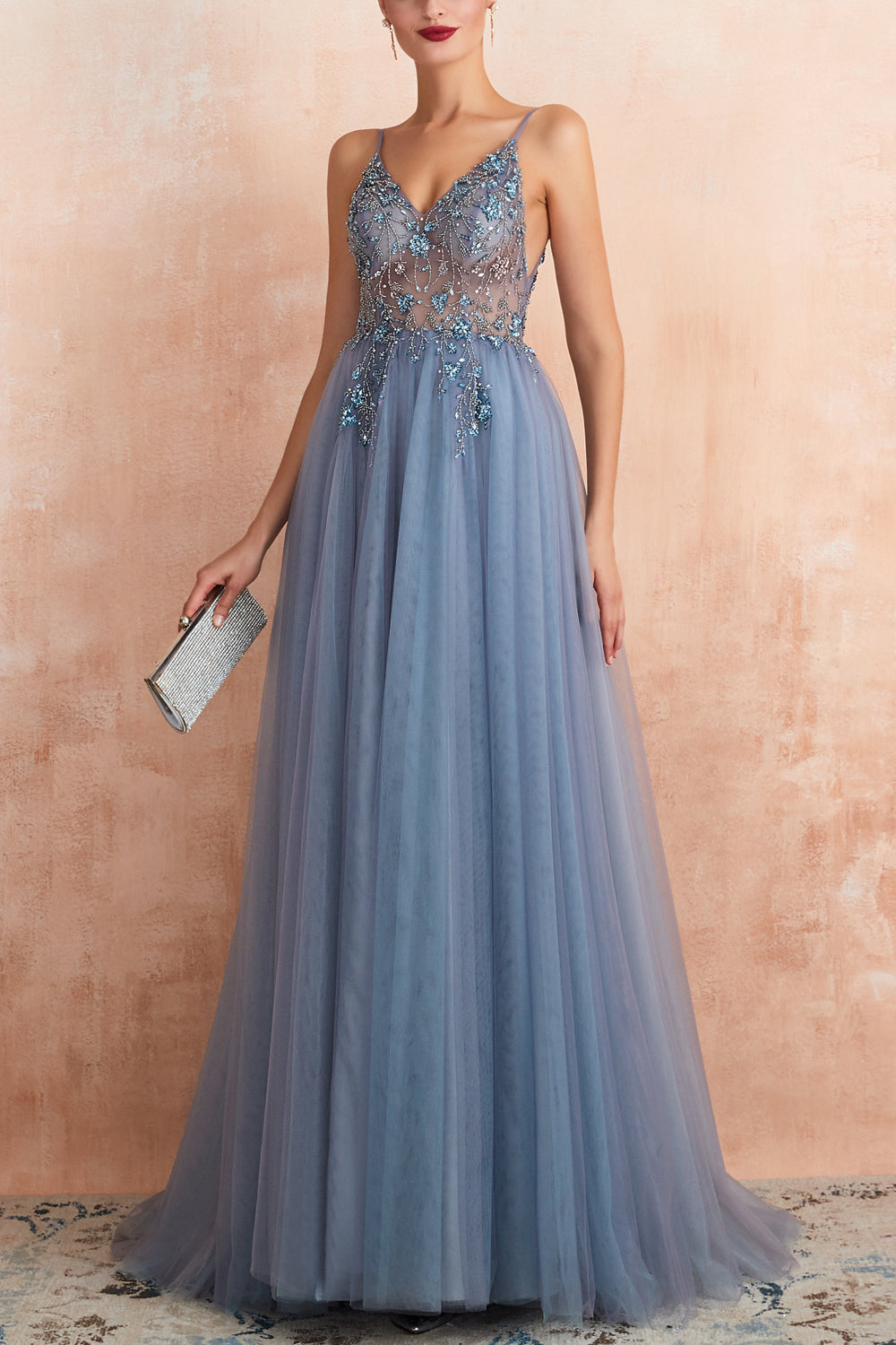 Long Pink Prom Dress with Spaghetti Straps and Slit