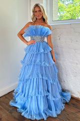 Long Blue Strapless Prom Dress with Beading in Princess Tulle