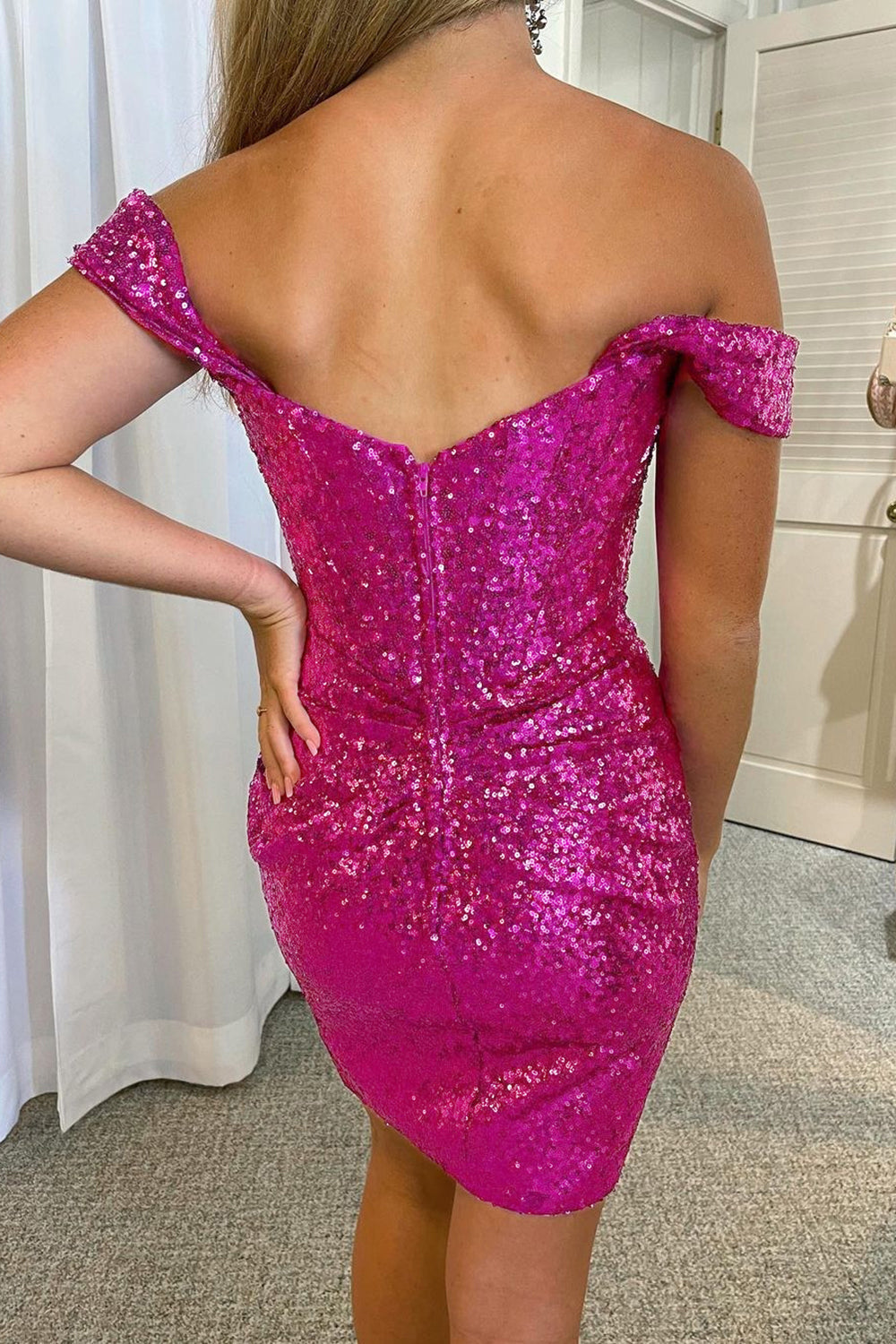 Sparkly Hot Pink Detachable Off the Shoulder Sequins Tight Homecoming Dress/Mini Dress