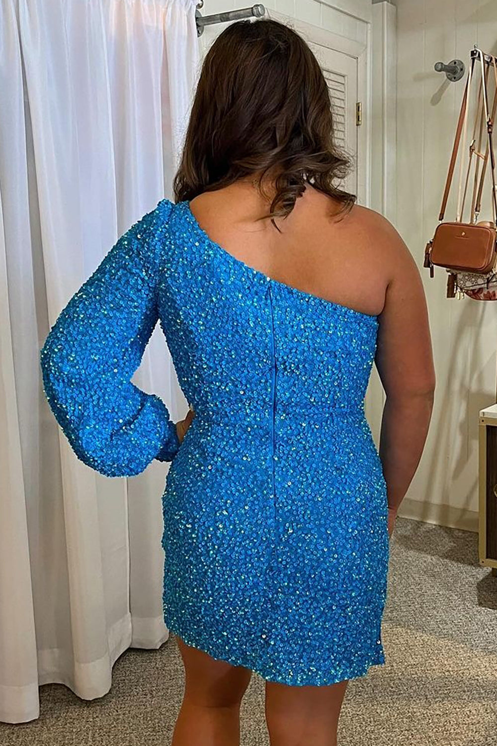 Blue One Shoulder Sequins Tight Homecoming Dress/Mini Dress