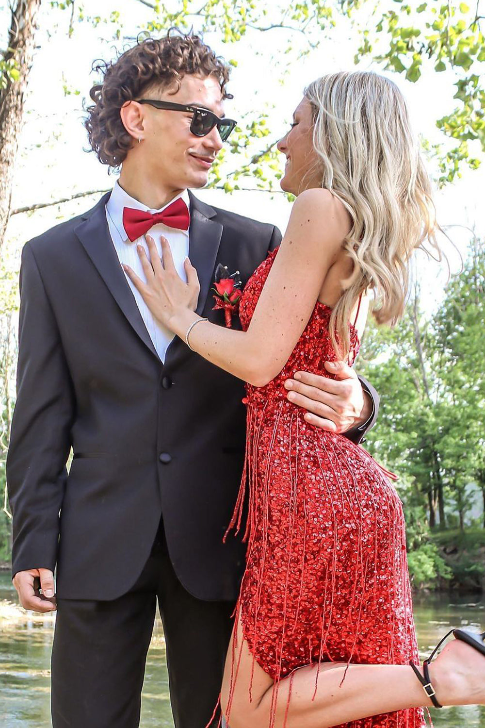 Long Red Sequined Prom Dress with Mermaid Spaghetti Straps and Front Split