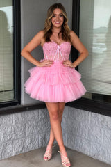 Glitter Lavender Corset Tiered Short A-Line Tulle Homecoming Dress/Mini Dress with Lace