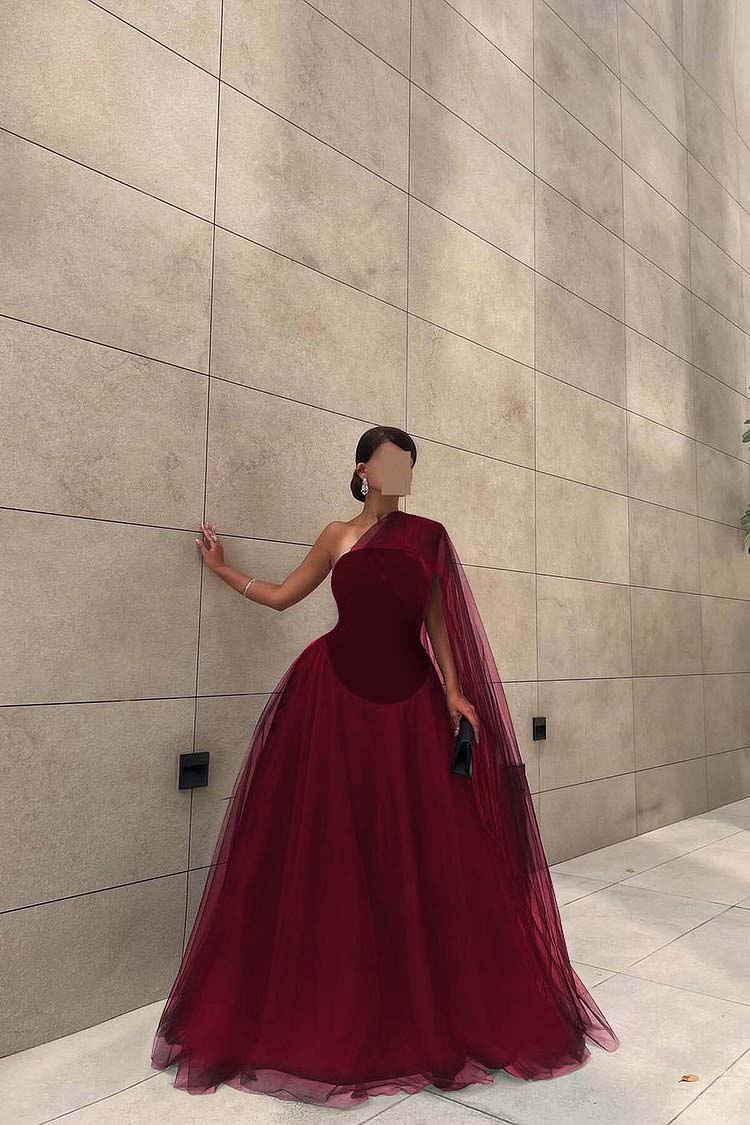 Chic Black Tulle One Shoulder Sleeveless Ball Gown Long Formal Dress