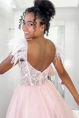 Glitter Pink A-Line Corset Tulle Short Homecoming Dress/Mini Dress with Feathers