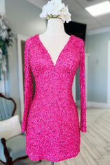 Sparkly Fuchsia Long Sleeves Sequin Tight Short Homecoming Dress/Mini Dress