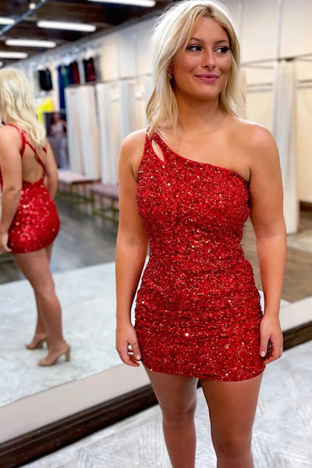 Sparkly Green One Shoulder Sequins Homecoming Dress/Mini Dress