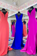 Royal Blue Deep V-Neck Long Prom Dress with Exquisite Front Split