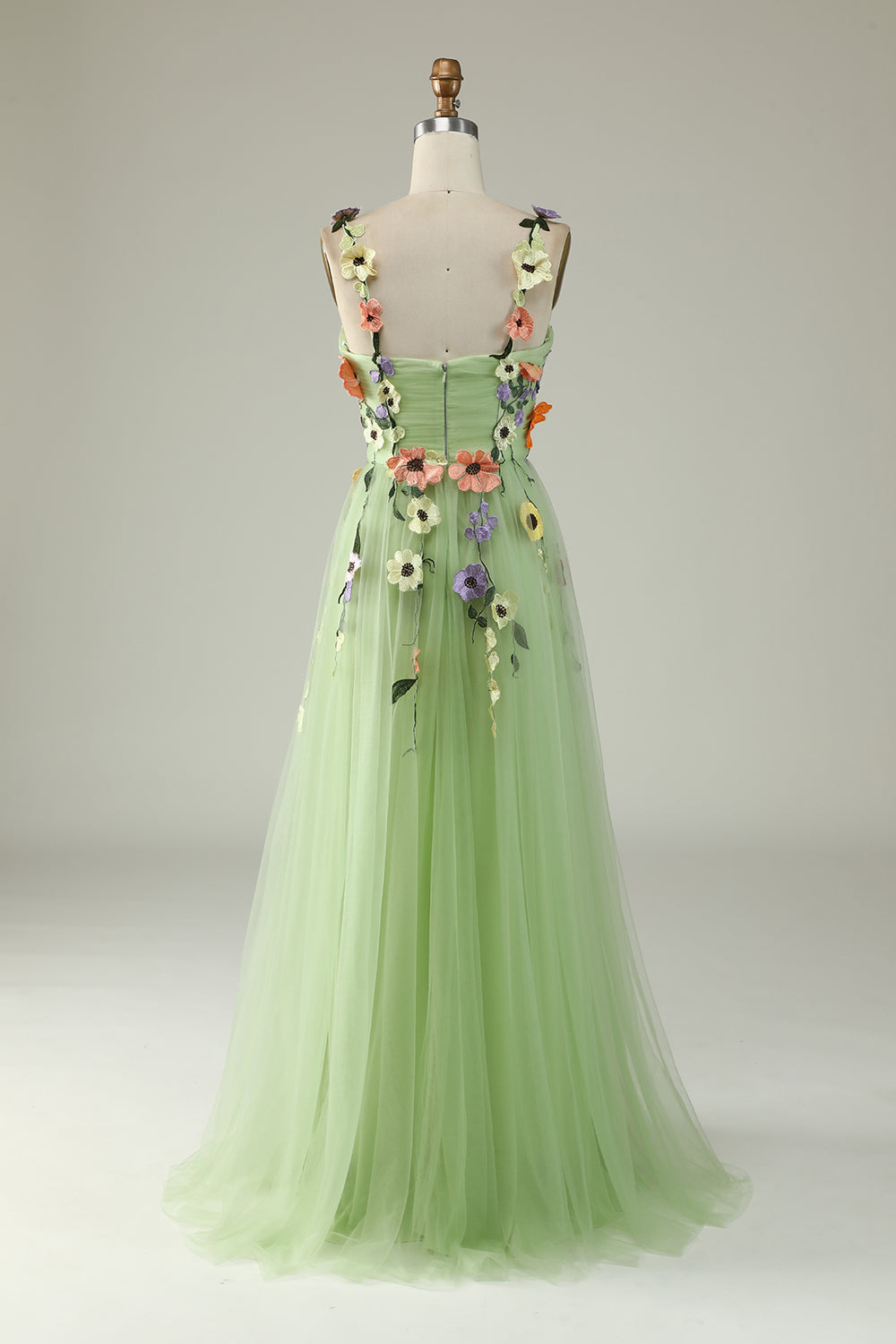 Champagne Long Prom Dress with Spaghetti Straps and Appliques in A-Line Style