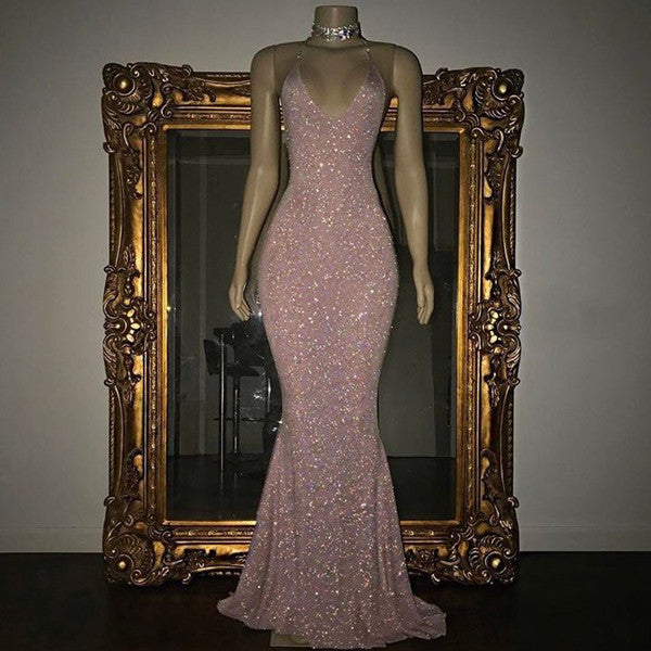 V-Neck Mermaid Elegant Halter Evening Dress With Sequins
