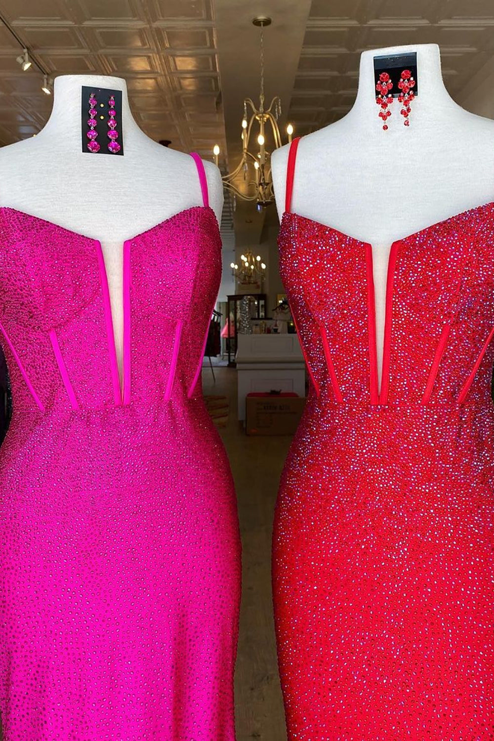 Long Fuchsia Mermaid Prom Dress with Glitter Beading and Spaghetti Straps