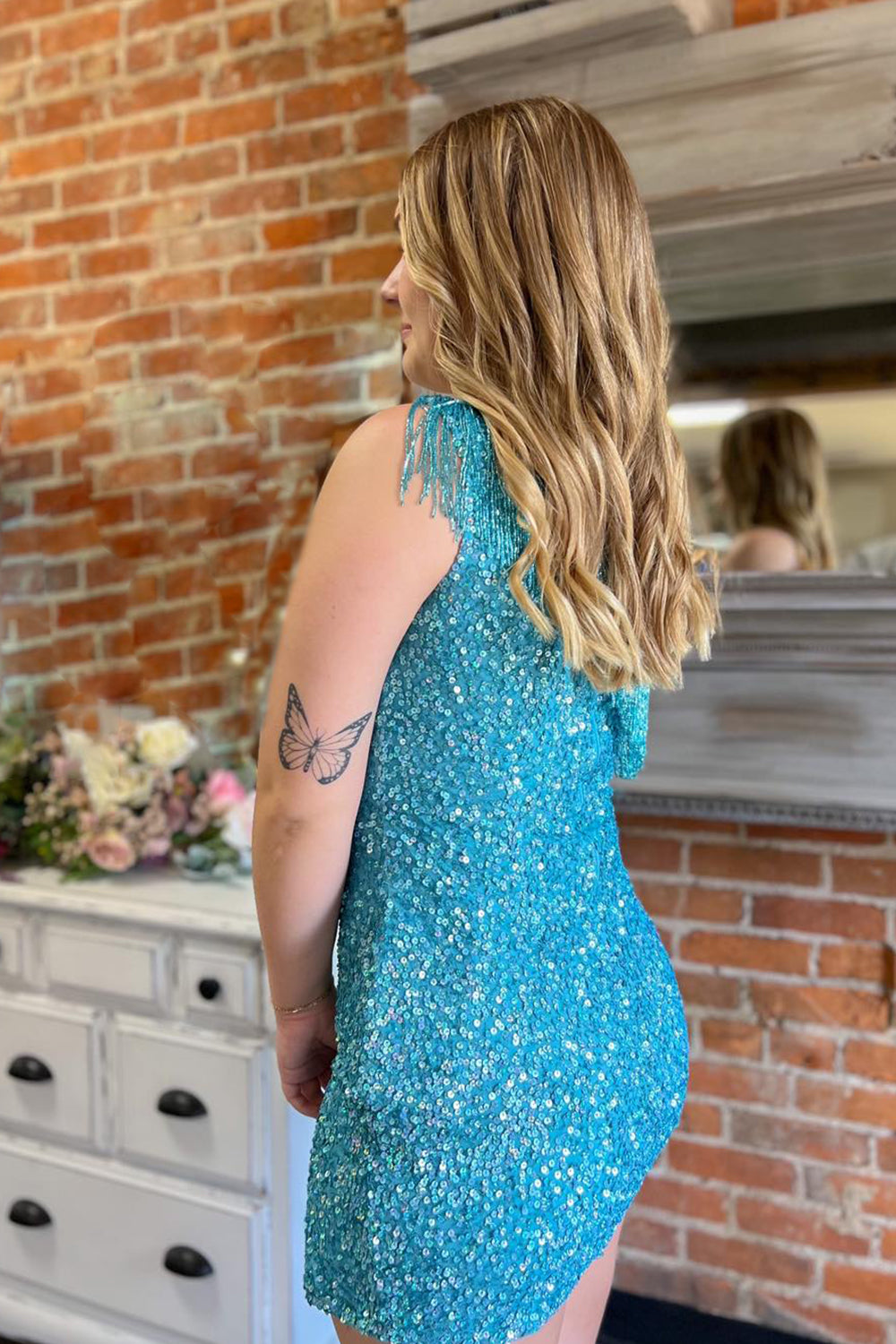 Sparkly Blue Fringed One Shoulder Tight Sequins Short Homecoming Dress/Mini Dress