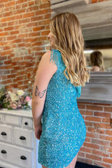 Sparkly Blue Fringed One Shoulder Tight Sequins Short Homecoming Dress/Mini Dress