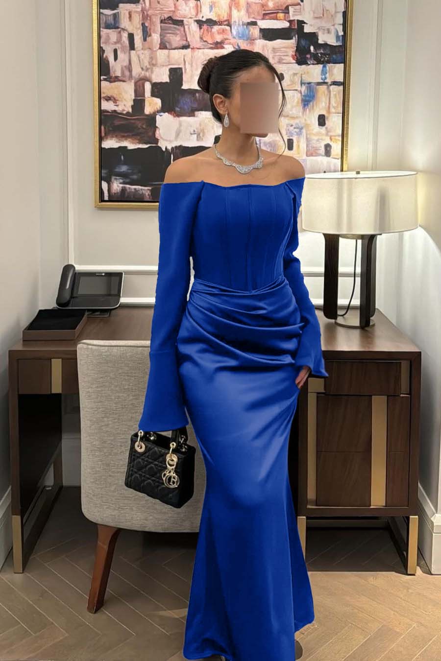 Strapless Long Sleeves Mermaid Long Formal Dress With Pleated