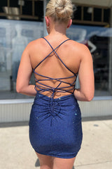 Sparkly Navy Beaded Spaghetti Straps Lace-Up Back Tight Short Homecoming Dress/Mini Dress