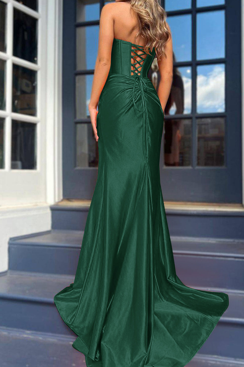 Orange Strapless Mermaid Corset Prom Dress Featuring a Front Split