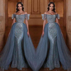 Off the Shoulder Mermaid Formal Dress Tulle Ruffles With Appliques