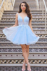 Cute A Line Deep V Neck Light Blue Homecoming Dress/Mini Dress with Appliques