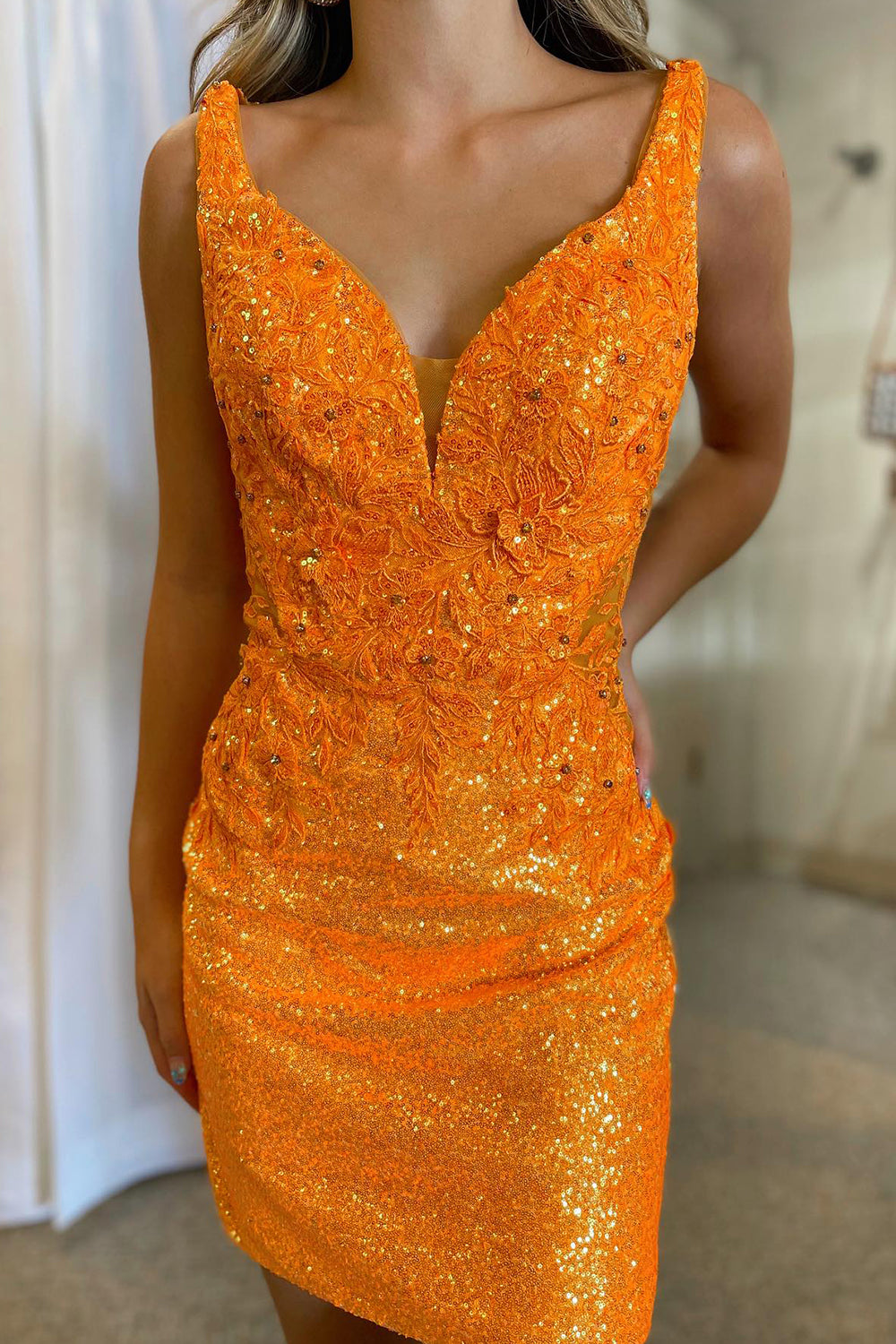 Glitter Orange Corset Sequins Tight Short Homecoming Dress/Mini Dress with Appliques