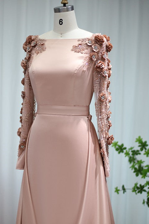 A Line Bateau Formal Dress Long Sleeves Sweep With Flower Appliques
