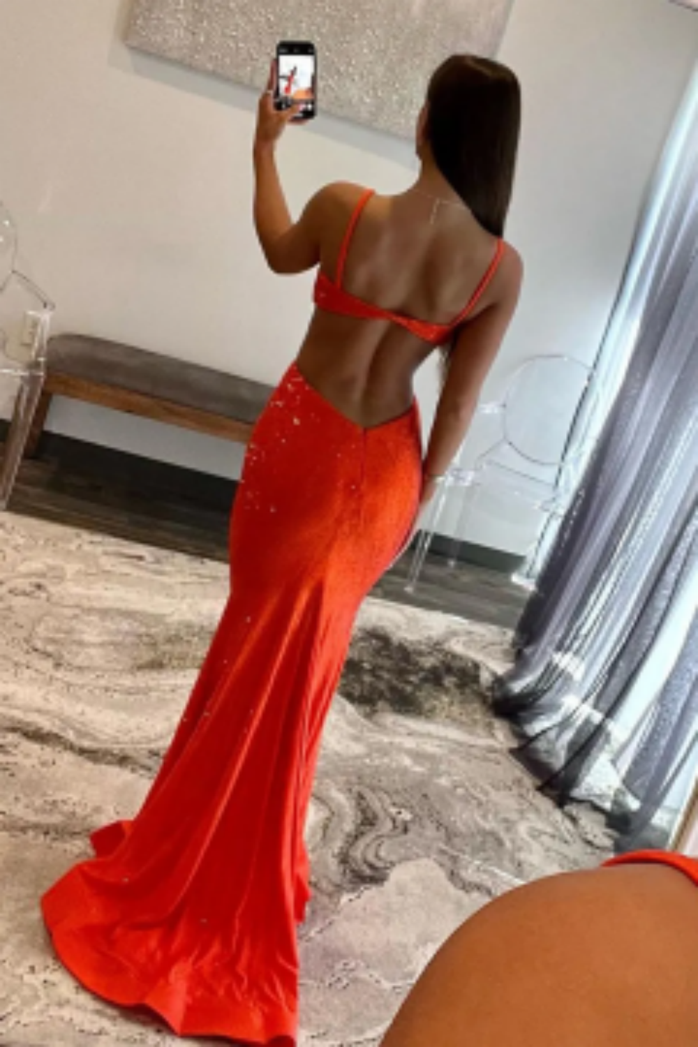 Red Glitter Mermaid Prom Dress with Beaded Spaghetti Straps and Cut-out Design