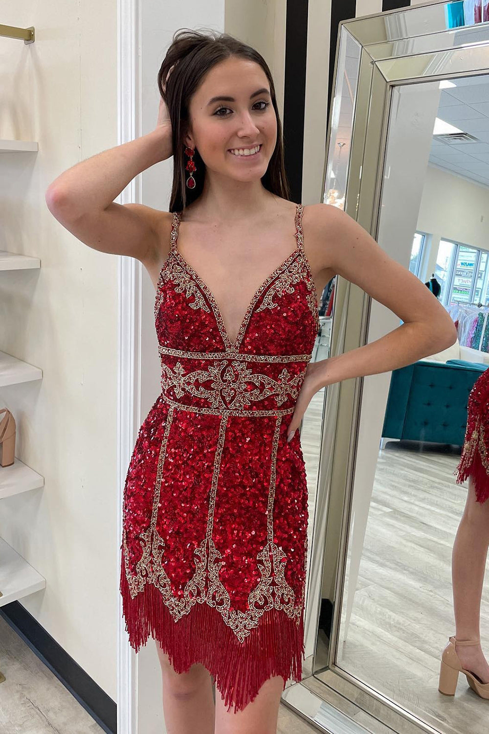 Turquoise Sequined Homecoming Dress/Mini Dress With Fringes