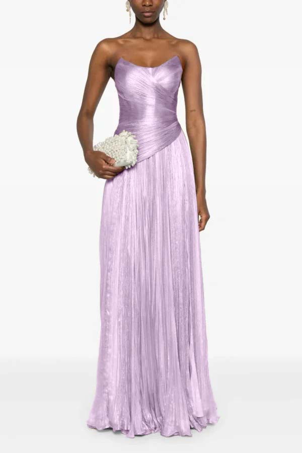 Chic Strapless Sleeveless Long Formal Dress With Ruffles Pleated