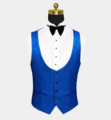 Royal Blue Slim Fit Wedding Suits Floral Jacquard Tuxedo (Jacket Vest Pants Shirt)