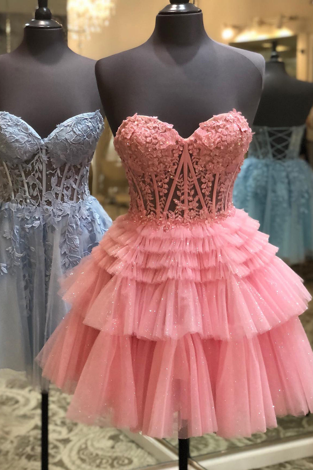 Sparkly Lilac Corset A Line Tiered Short Homecoming Dress/Mini Dress with Lace