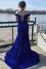 Royal Blue Sequined Mermaid Prom Dress with Sweep Train and Off-Shoulder Neckline