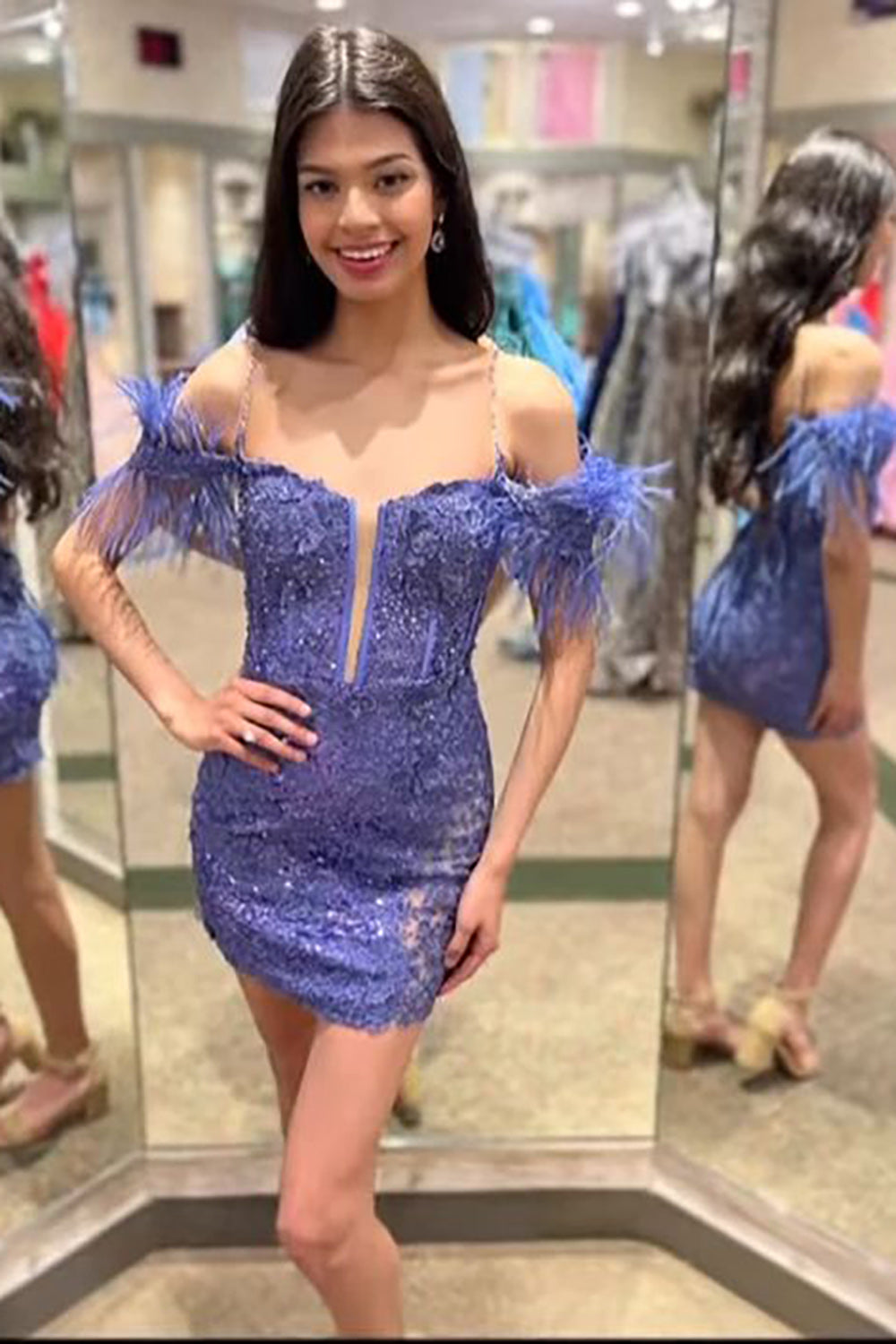 Sparkly Black Lace Tight Short Homecoming Dress/Mini Dress with Feathers