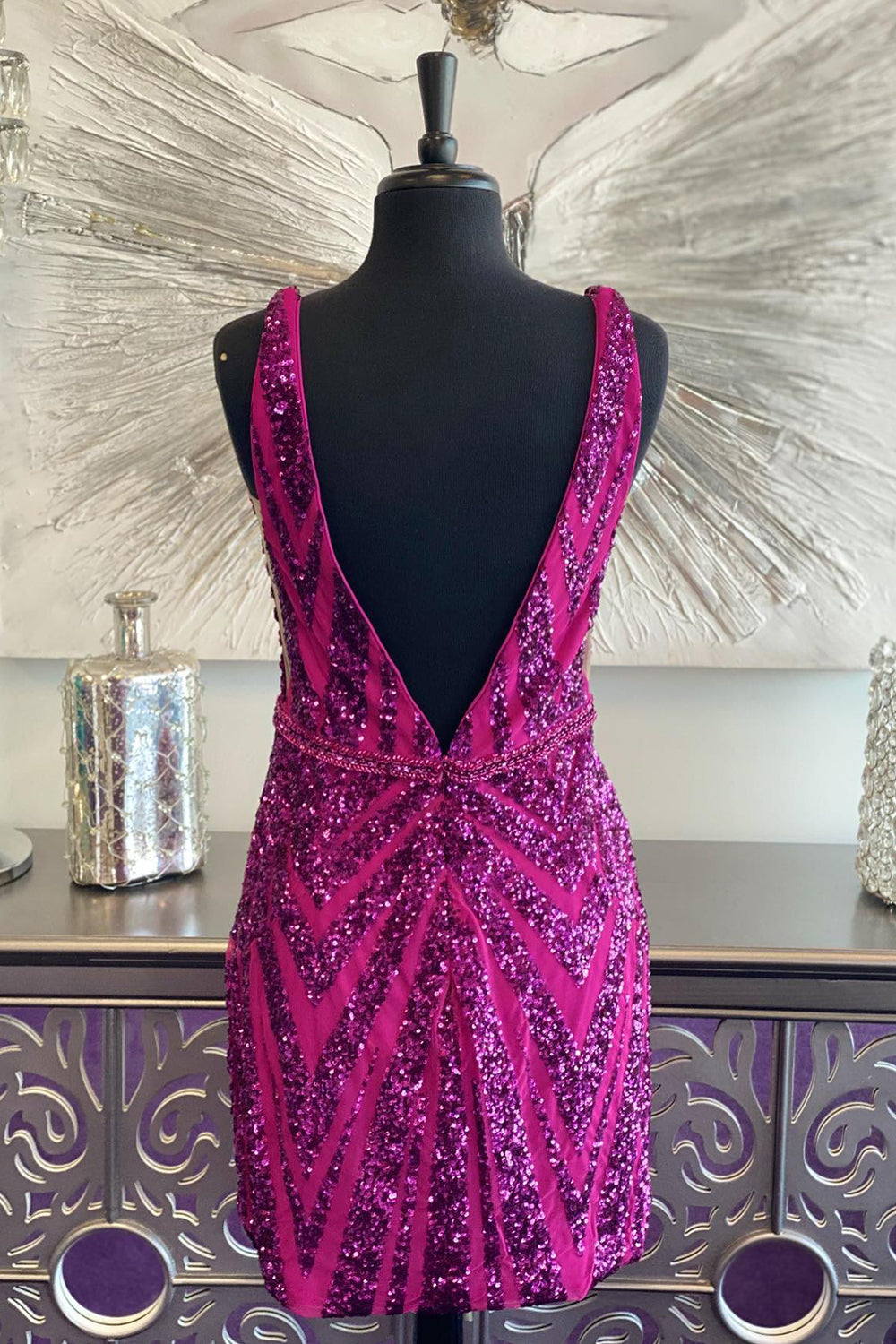 Sparkly Fuchsia Sequined Backless Tight Short Homecoming Dress/Mini Dress
