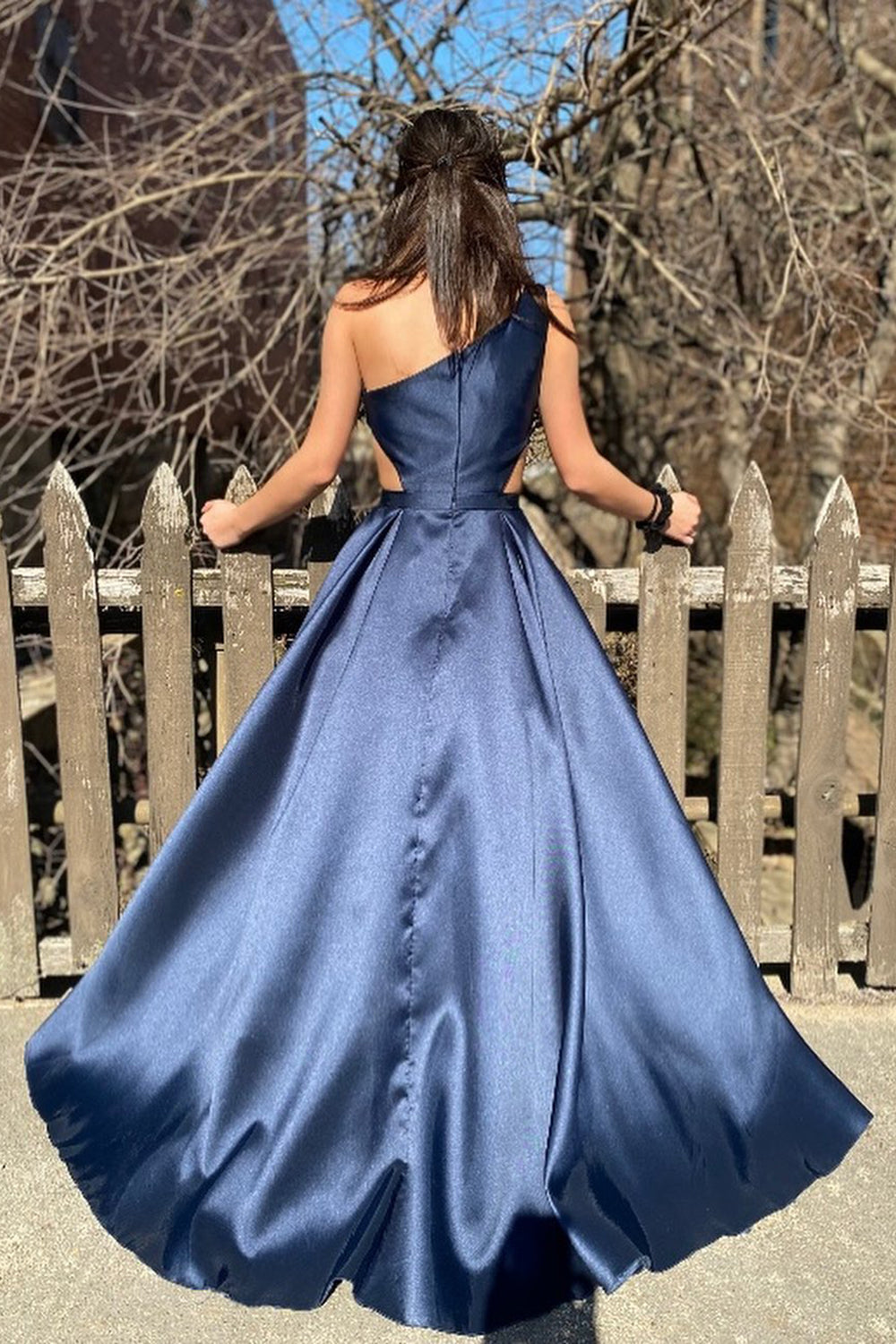 Long A-Line Prom Dress in Navy with One Shoulder