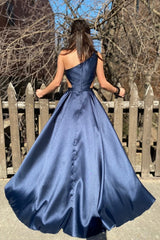Long A-Line Prom Dress in Navy with One Shoulder