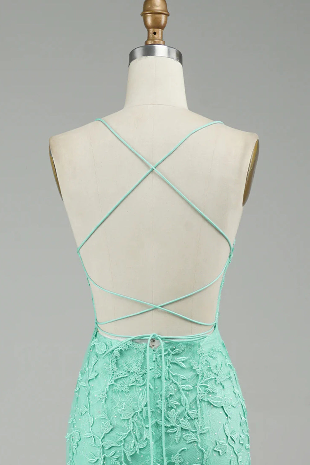 Prom Dress with Mint Spaghetti Straps and Appliques