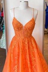 Elegant Orange A-Line Prom Dress with Spaghetti Straps and Appliques