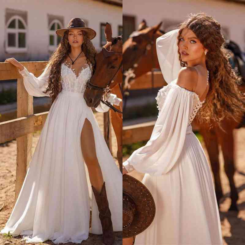 White Long Sleeves A line Long Formal Dress Softy With Front Split