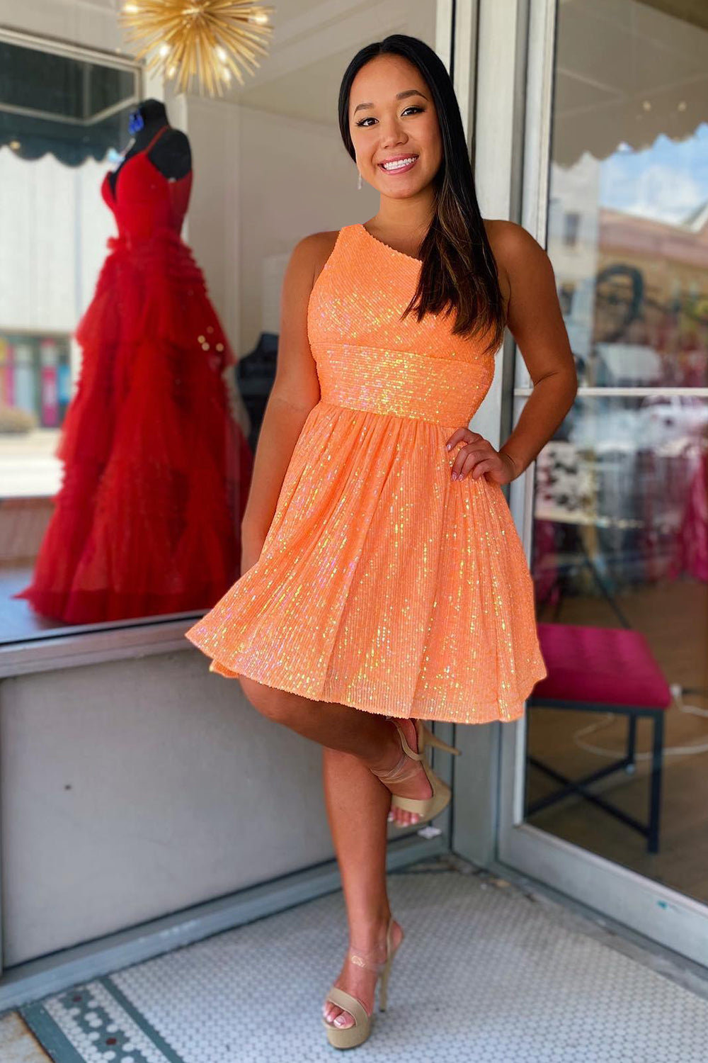 Navy Sequins One Shoulder A-Line Short Homecoming Dress/Mini Dress