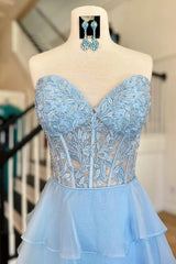 Lilac Long Corset Prom Dress with Ruffles and Sweetheart Neckline