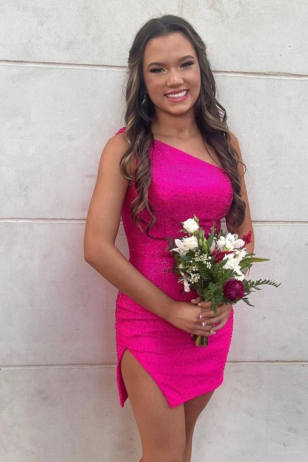 Sparkly Dark Green Sequins One Shoulder Tight Homecoming Dress/Mini Dress with Slit