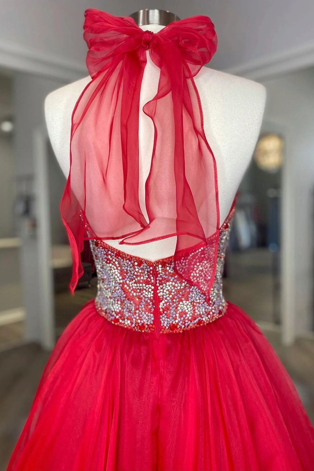 Long Red Prom Dress with Beading in A-Line Halter Neck Style
