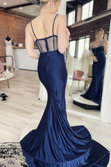 Navy Long Prom Dress with Mermaid Spaghetti Straps and Sweep Train