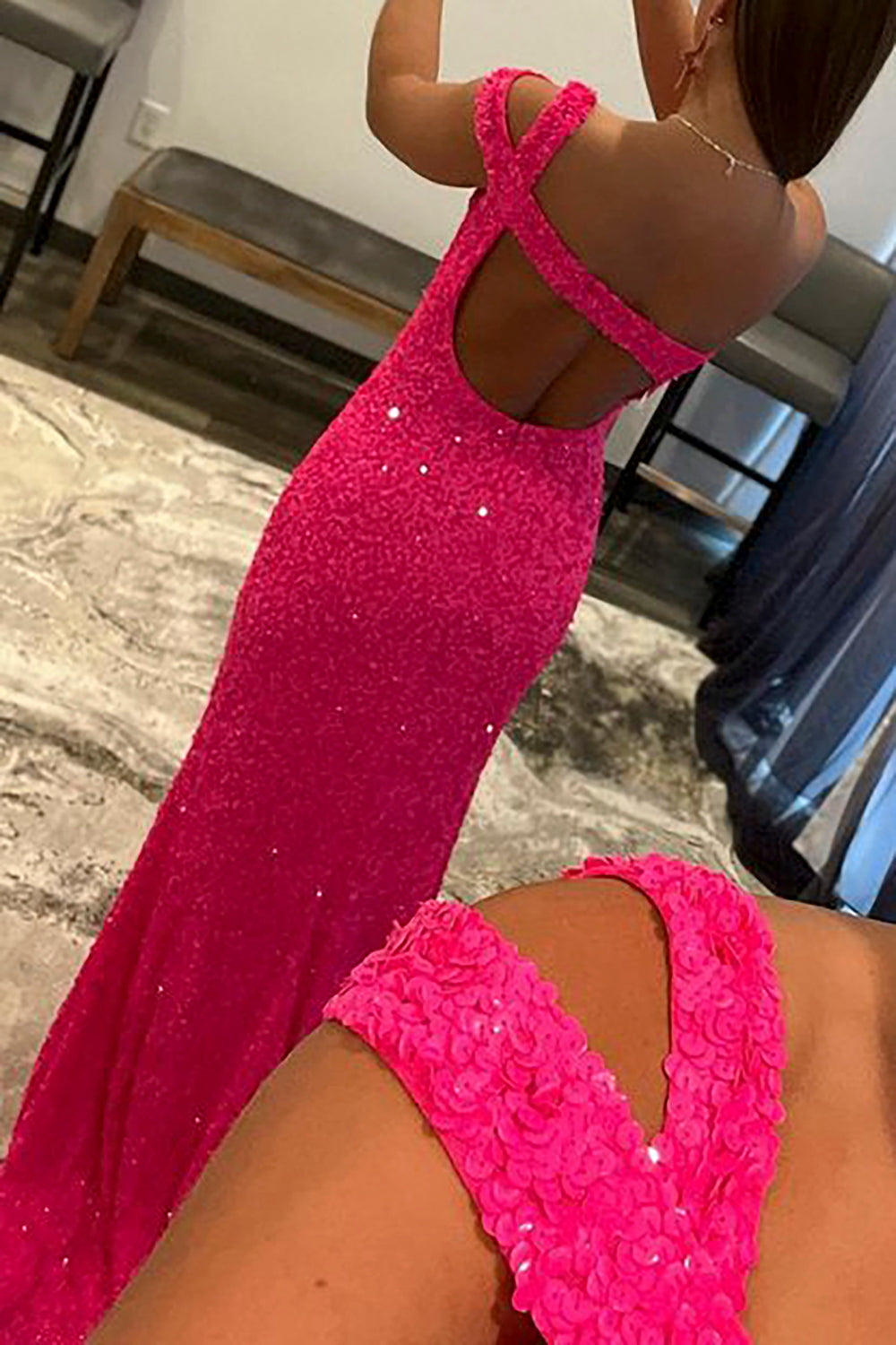 One Shoulder Fuchsia Prom Dress with Sequins