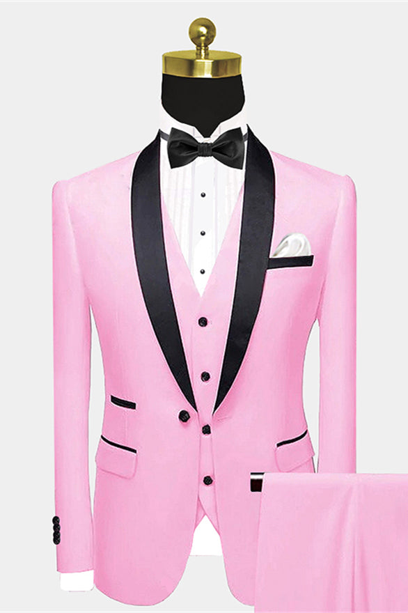 Stylish Chic Candy Pink Black with Satin Shawl Lapel Tuxedo Reception Suit for Groom