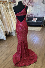 Burgundy Sequins Long Prom Dress with Mermaid Cut and One-Shoulder Split Front