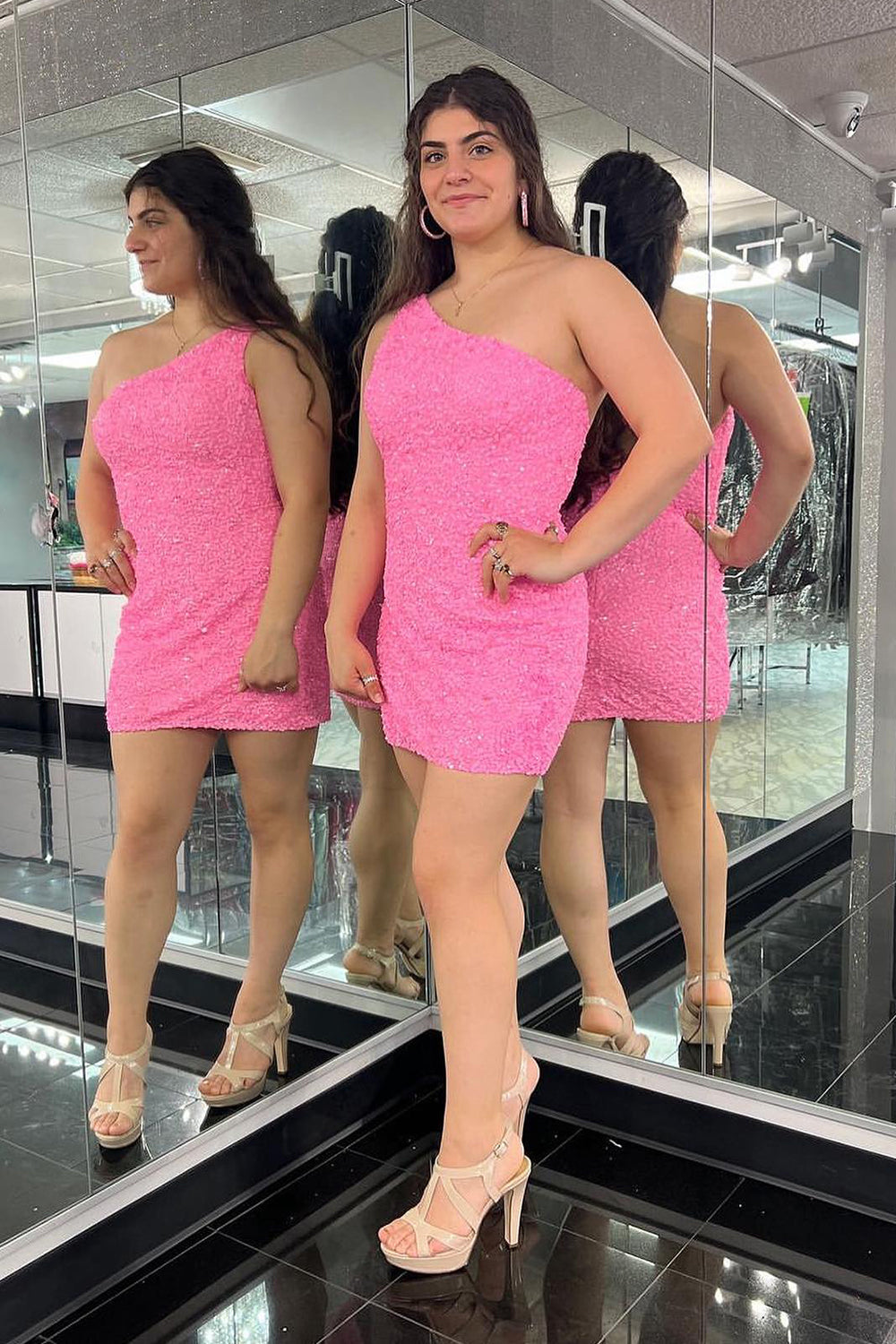 Fuchsia Sequins One Shoulder Homecoming Dress/Mini Dress