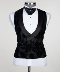 David Modern Black Peaked Lapel Jacquard Three-Piece Men's Suits