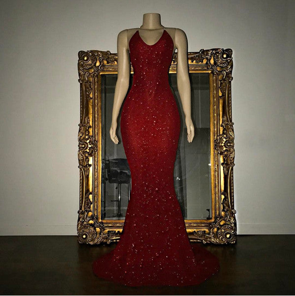 V-Neck Mermaid Elegant Halter Evening Dress With Sequins