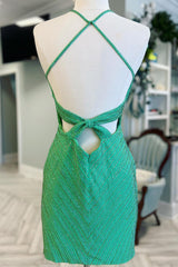 Sparkly Green Beaded Sequin Backless Tight Short Homecoming Dress/Mini Dress